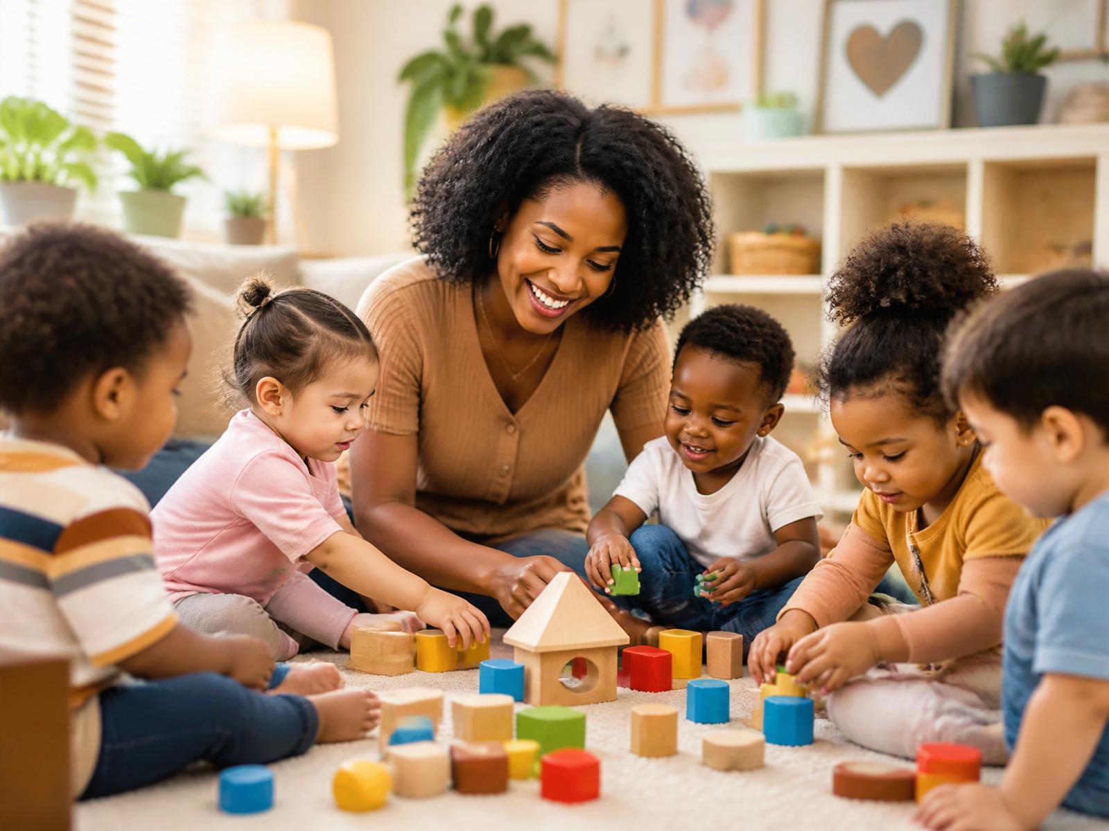 Happy toddlers playing with a caregiver at Little Bright Beginnings home daycare